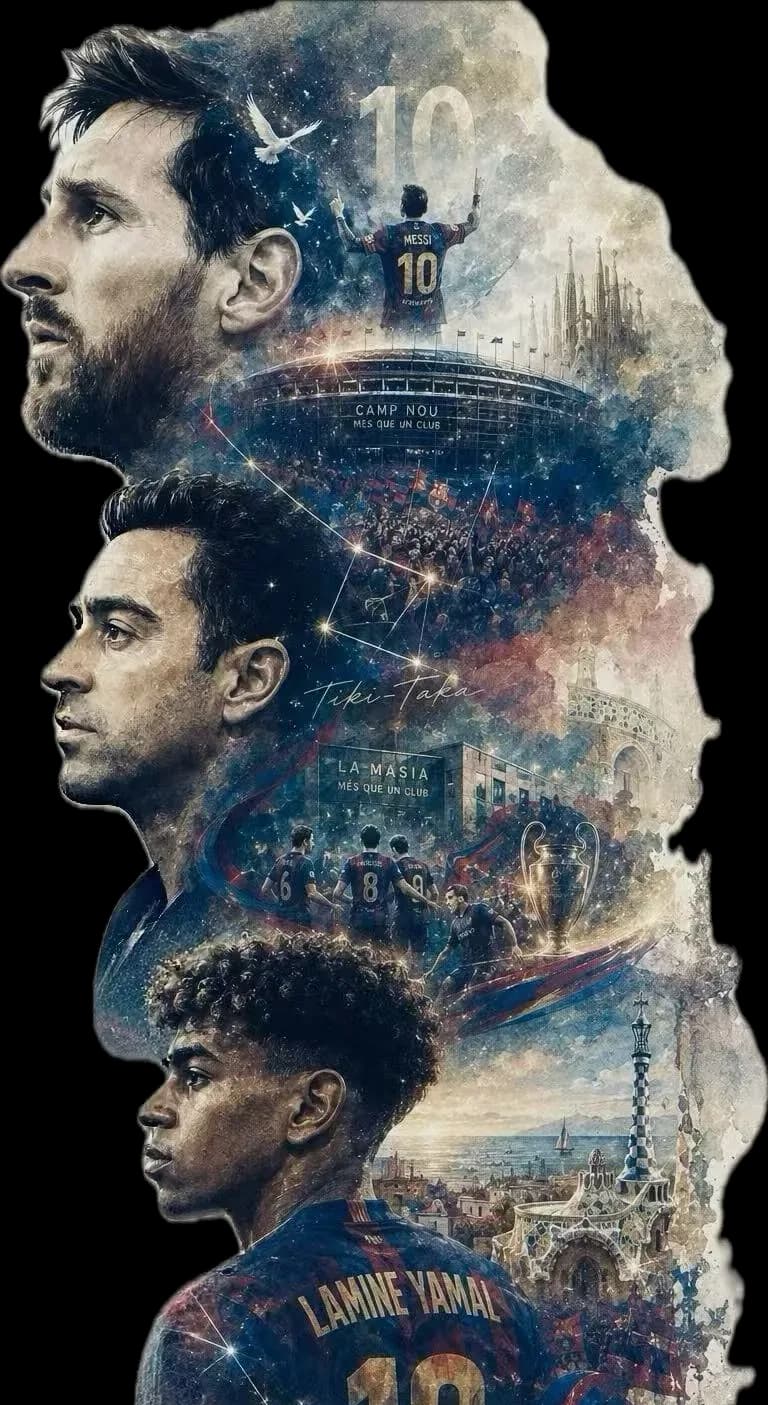 FC Barcelona legends — Lionel Messi, Xavi and Lamine Yamal over Camp Nou