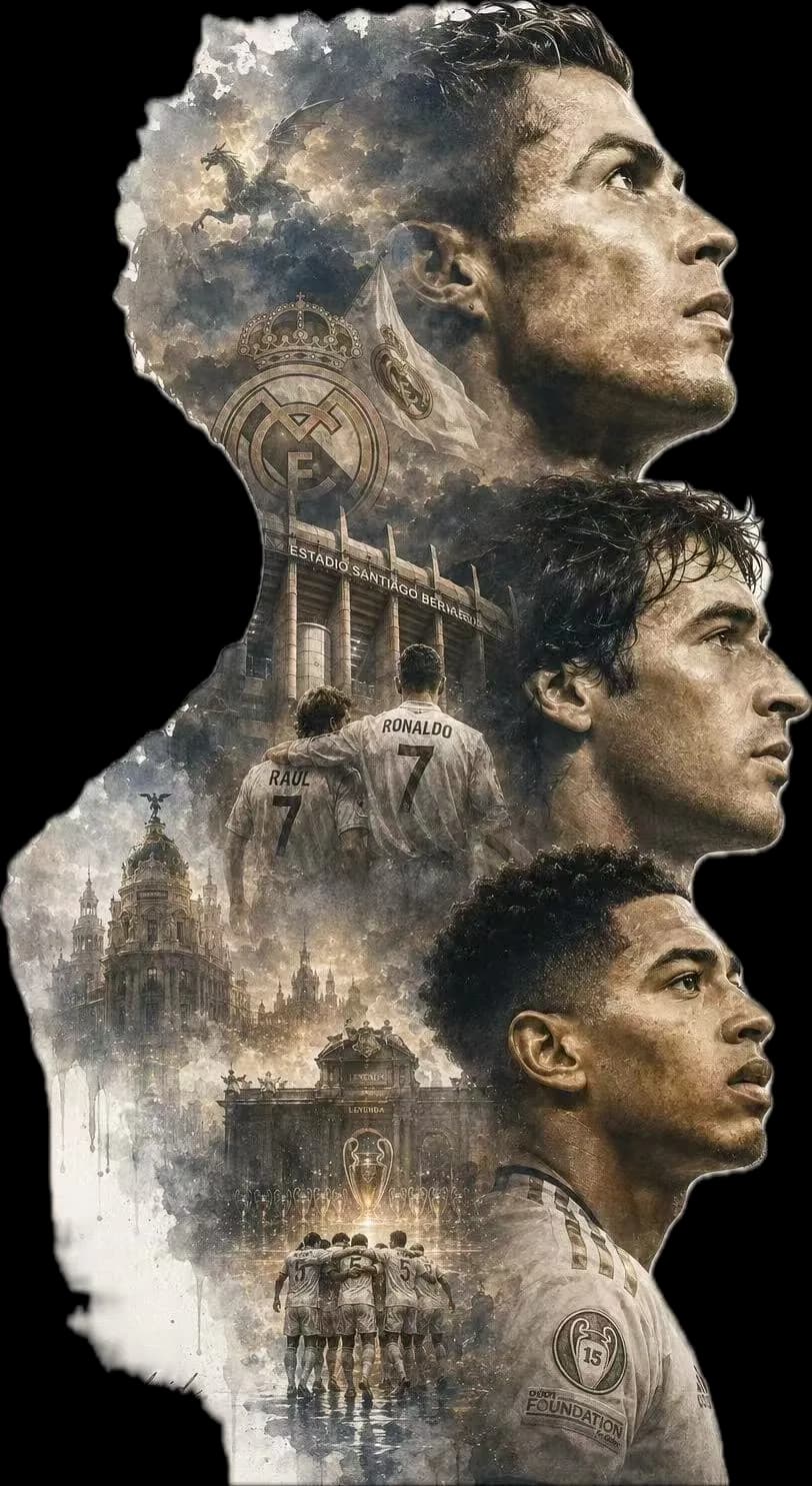 Real Madrid legends — Cristiano Ronaldo, Raúl and Jude Bellingham over the Santiago Bernabéu